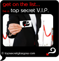 Top Secret Quote Bubble in black, with male spy in black tuxedo holding membership card